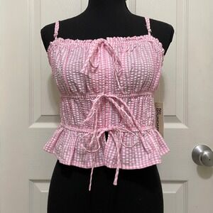 NEW No Boundaries Pink Gingham‎ Smocked Cami Crop Top Tie Front Ruffle Hem XS